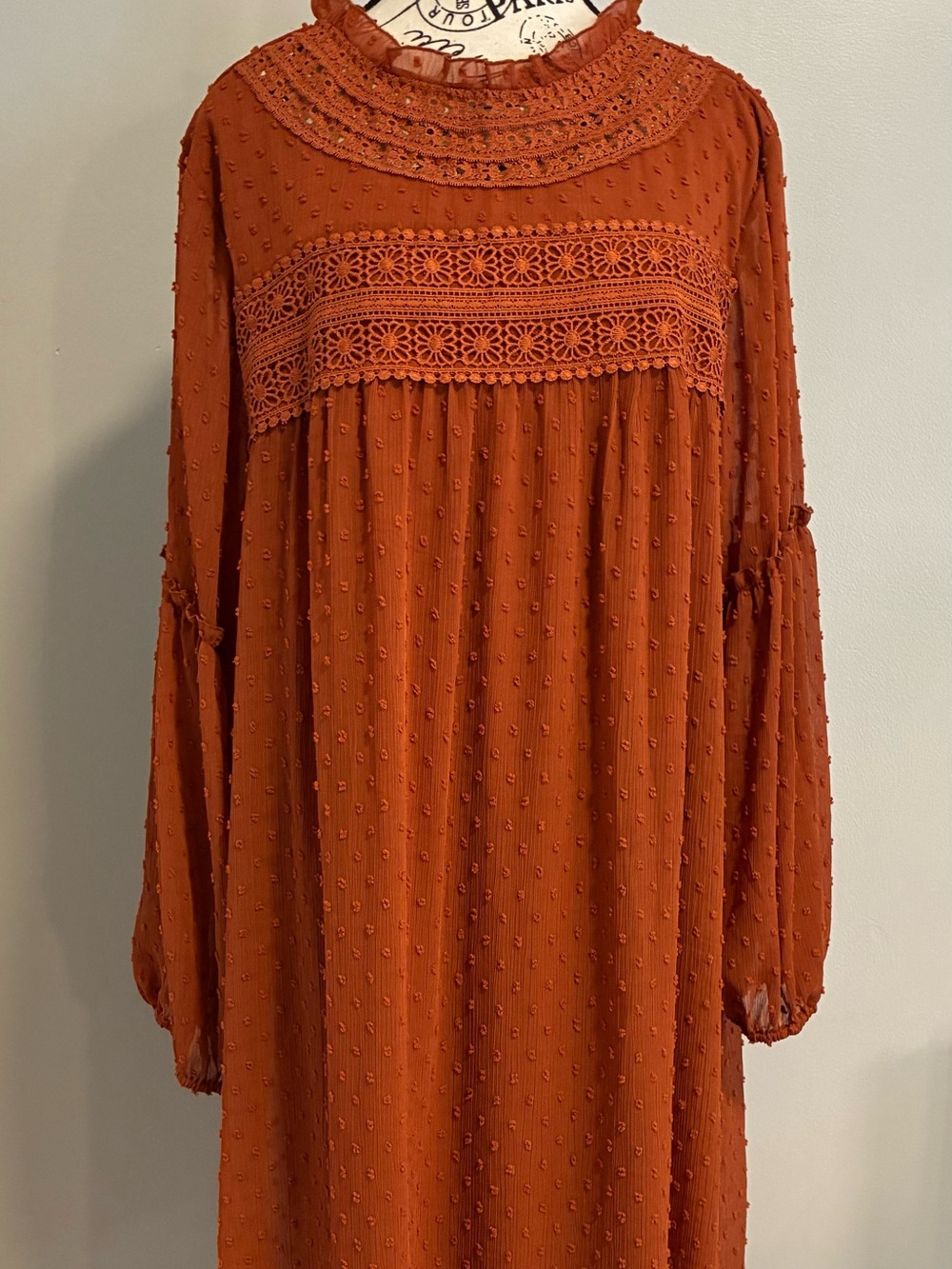 NWT Rust-colored long-sleeve swing tunic dress w/ Swiss dot fabric Size XL